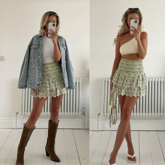Zara Eyelet Patterned Smocked Mini Skirt in Green and Beige Size XXL - Picture 8 of 10